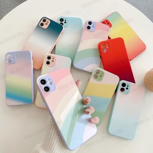 Rainbow Gradient Tempered Glass Phone Case for iPhone 12 Mini 11 Pro Max XR XS 7 8 Plus SE 2020 Silicone Shockproof Phone Cover