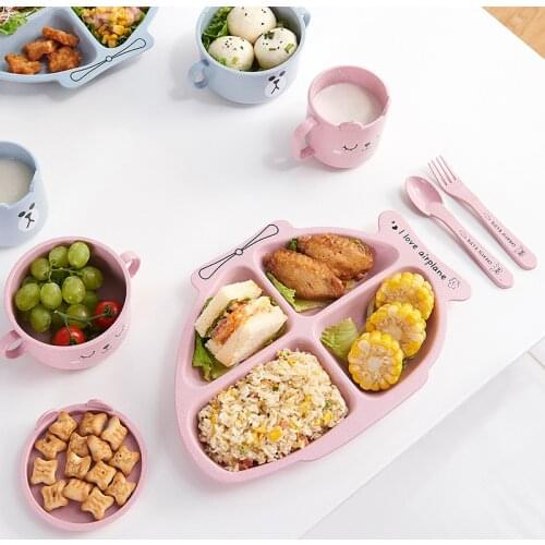 Baby bowl+spoon+fork Feeding Food Tableware Set Cartoon Kids Dishes Eating Dinnerware Anti-hot Wheat Straw Training Plate