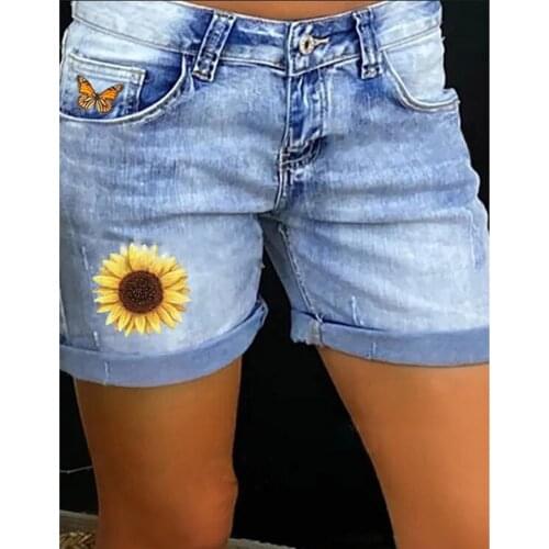 Denim Skinny Shorts Women High Waist Jean Sun Flower Print Casual Slim Female Short Fashion Elastic Washed Ladies Summer