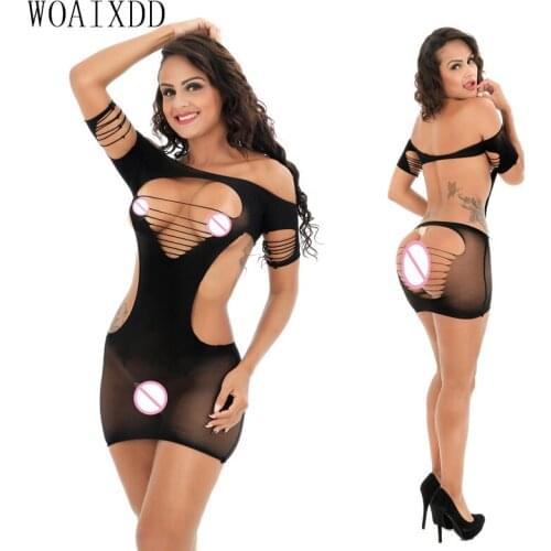 Fishnet Sleeved Erotic Sexy Lingerie Babydoll Teddy Latex Catsuit Body Stocking Costumes Off Shoulder Dress 2017 Porn Cotillon