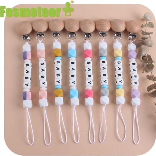 Fosmeteor Personalized Name Food Grade Two-Color Silicone Hexagon Pacifier Clips Chain for Baby Teething Customized Name Gift
