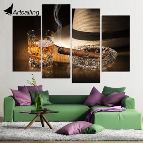 Canvas Painting 4 Piece Canvas Art Cuba Ciger Drink and Hat HD Printed Wall Art Home Decor Poster Picture for Living Room XA339C