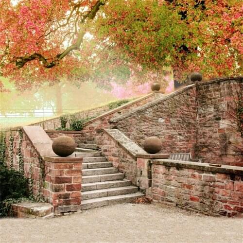Laeacco Old Staircase Entrance Brick Stone Wall Autumn Tree Maples Scene Photo Background Photography Backdrops For Photo Studio