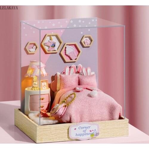 Mini Wooden Doll House Handmade Craft Miniature Furniture DIY LED Dollhouse Building Model With Dust Cover Children Assemble Toy
