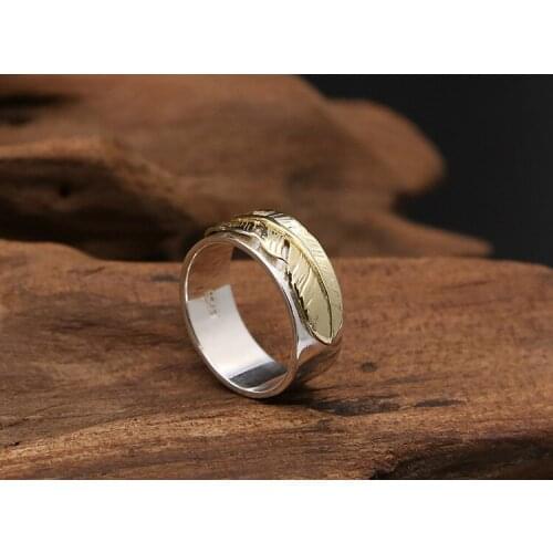 Real S925 Sterling Silver Thai Silver Jewelry Japan and South Korea Fashion Simple Gold Feather Personality Mens and Womens