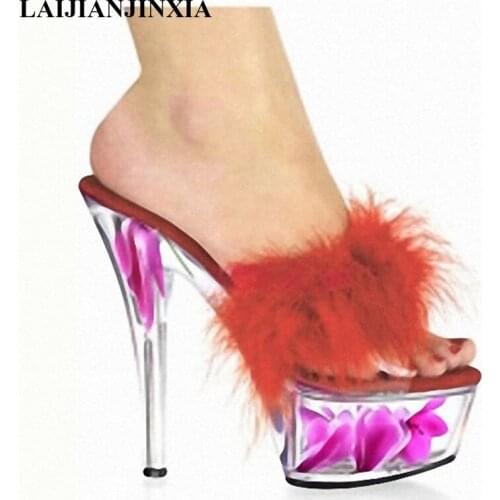 New Women Nightclub 15CM High Heels Feathers Slippers Party Queen Shoes Dancing Shoes Open Toe Pole Dance Shoes