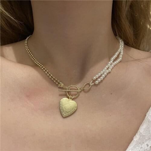 Origin Summer Trendy Gold Love Heart Asymmetric Pendant Necklace for Women Double-Layer Toggle Clasp Faux Pearl Necklace Jewelry
