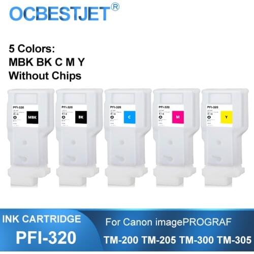 PFI-320 PFI320 Refillable Ink Cartridge Without Chips For Canon TM-200 TM200 TM-205 TM-300 TM-305 TM300 Printer 300ML 5Colors