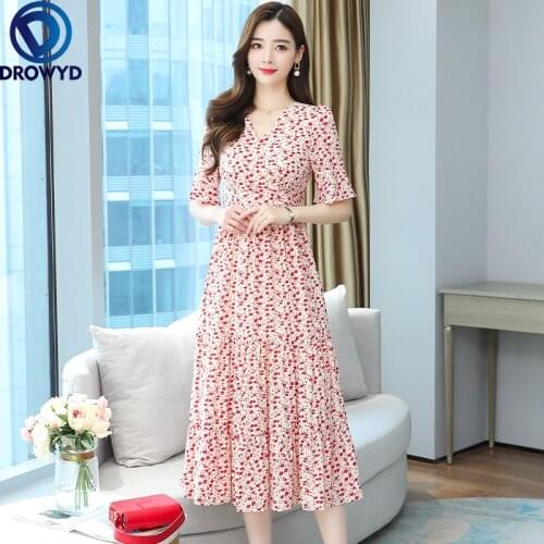 Summer Elegant Red Floral Chiffon Beach Vacation Midi Dress 2021 Casual Vintage Print Boho Women Bodycon Party Dresses Vestidos