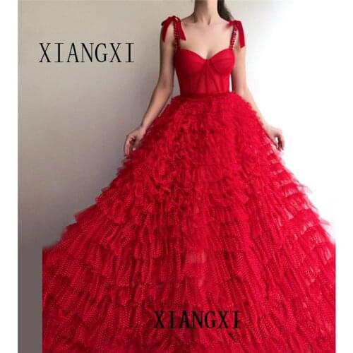 Robes de soirée musulmanes rouges 2020 robe de bal bretelles Spaghetti cristaux de Tulle islamique dubaï saoudien arabe longue r