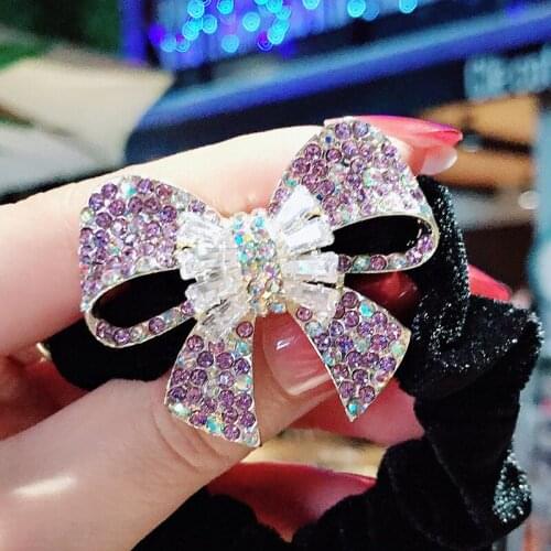 New Purple Bow Elastic Hair Bands Velvet Scrunchie Zircon Crystal Rhinestone Hair Tie Hairbands Girls Hair Accessories for Women