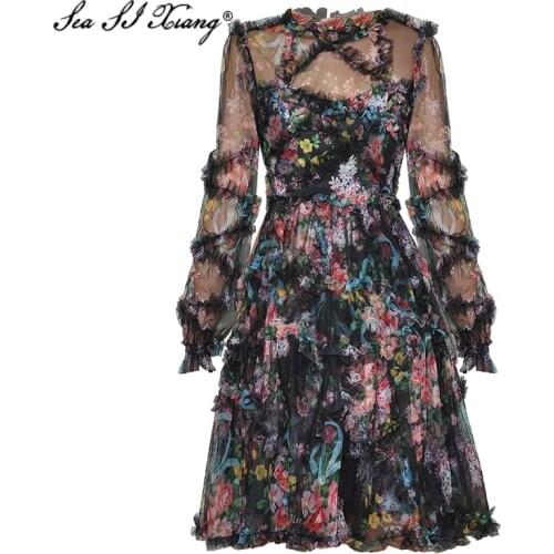 Seasixiang Fashion Designer Summer Mesh Dress Womens Lantern Sleeve Ruffles Floral Print Party Mini Dresses