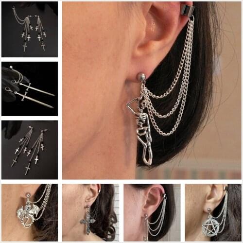 Men Retro Black Tassel Chain Long Earrings Punk Earrings Hiphop Rivet Earrings For Women Gothic Party Jewelry Pendientes