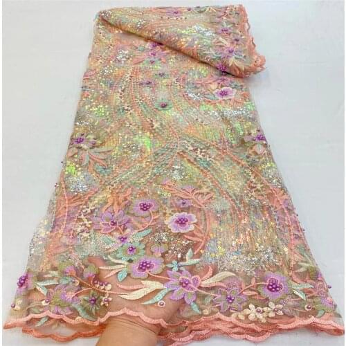 SJ Lace African Beaded Lace Fabric 2021 High Quality Lace With Sequins French Nigerian Lace Fabrics For Wedding Dress sew r2-73