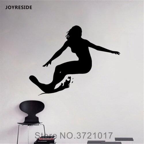 JOYRESIDE Surfing Girl Sport Wall Surfboard Decals Vinyl Sticker Teen Room Bedroom Living Room Home Decoration Art Mural A1571