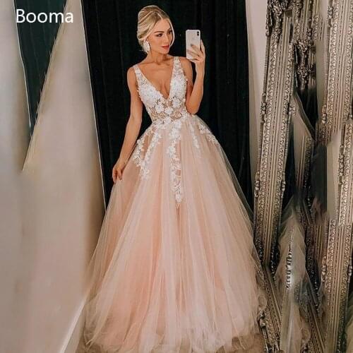 Booma Pink Beach Wedding Dresses Deep V-Neck Lace Applique Illusion Bride Dresses Open Back Spaghetti Straps A-Line Wedding Gown
