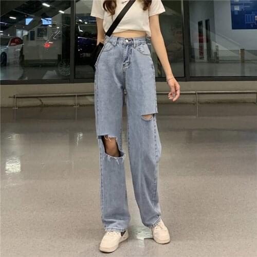 Light-Colored Ripped JeansWomen summer 2021new Ins Trendy Denim Mopping Pants Casual Vintage Wide-Leg Loose Straight Pants Hot