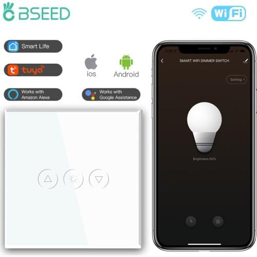 BSEED Wifi Dimmer Switches 1Gang 1Way Led Dimmable Light Switch Sensor Smart Wall Touch Switches Glass Google Alexa App Control