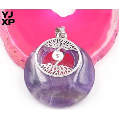 YJXP Silver Plated Safety Buckle Round Stone Amethysts Pendant Tree of Life Charm Jewelry