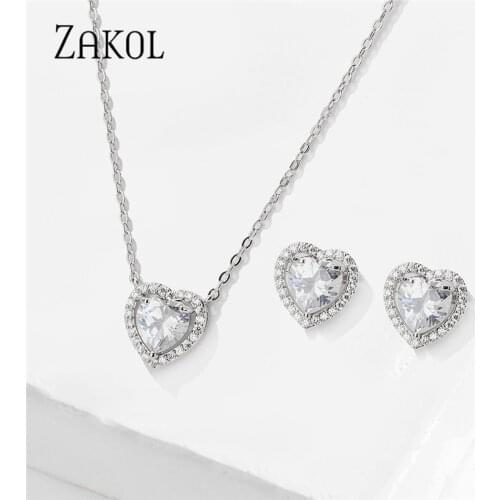 ZAKOL Fashion Romantic Bridal Wedding Heart Necklace & Earring Jewelry Set AAA Cubic Zirconia Accessories for Women Gifts SP3348