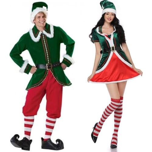 Green Elf Women christmas Costume Festival Santa Claus Costume Sets for Men New Year Adult clothing Fancy Dress Xmas Party Dress