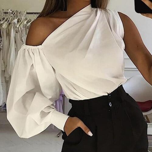 Women Retro Blouse Asymmetric Single Lantern Sleeve Top Solid Color Slash Neck Off Shoulder Shirt Streetwear