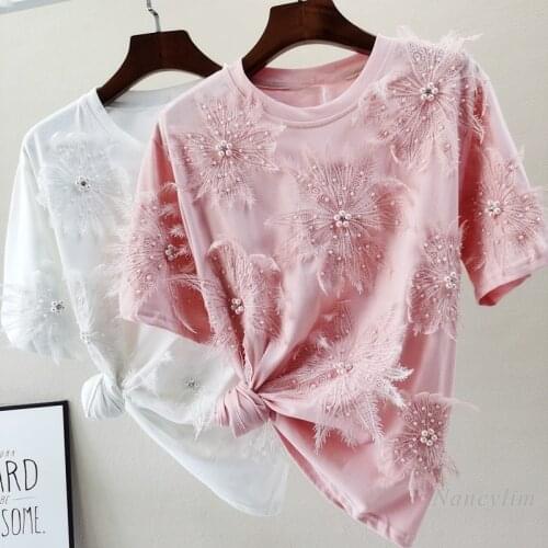 Womens T-Shirts Lace Flower Beaded Round Neck Loose Short Sleeve Tee Shirt Girls Ladies Fashion Tops Camisetas De Mujer