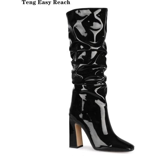 2020 Black Fashion Pleated Knee High Boots Women Cow patent leather Fang HeHigh Heels Long Boots Autumn Shoes 35-45