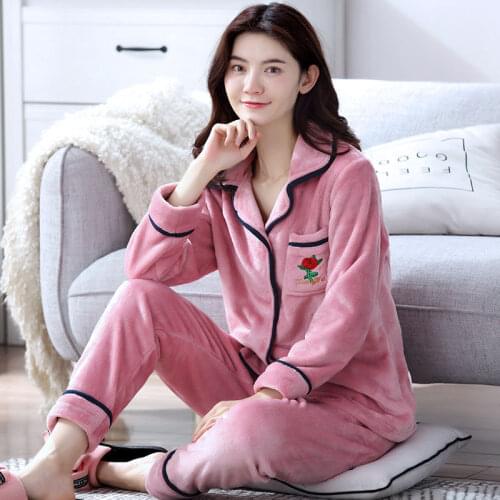 2021 Winter Flannel Warm Pajamas Women Long Sleeve Home Suit Ladies Sleepwear Cartoon Velvet Pajama Set Thicken Feminino Pyjamas