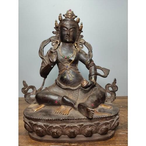 12"Tibet Buddhism Old Bronze Cinnabar Lacquer Huang Caishen Yellow God of Wealth Buddha Statue Sitting Buddha