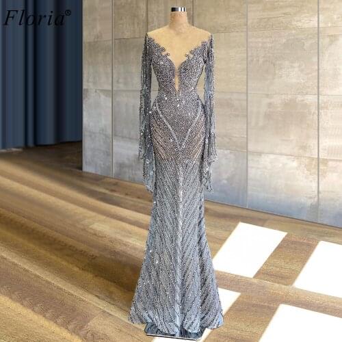 Arabic Muslim Gray Evening Dresses Long Formal Evening Gowns Beads Sexy Prom Dresses Women Party Night Robe De Soiree Vestidos