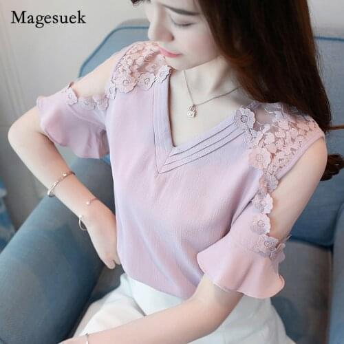 Blusas Sexy Plus Size Summer Women Tops Short Sleeve Nice Chiffon Women Blouse Strapless Lace Shirt Fashion Women Clothing 0052