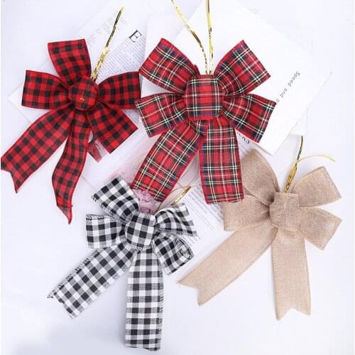Large Christmas Bows Hanging Decorations Natural Linen Jute Red Lattice Bowknot Christmas Tree Ornaments New Year Decor