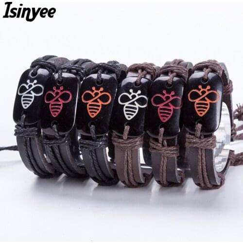 ISINYEE Fashion Cute Bee Wide Leather Bracelet For Men Women Girls Handmade Adjustable Wrap Jewelry Pulseras Mujer