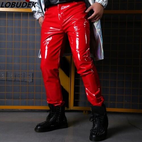 New Red PU Leather Pants Motorcycle Leather Pants Faux Leather Trousers Bar Stage Trendy Men Rock Singer Hip Hop Dance Costume