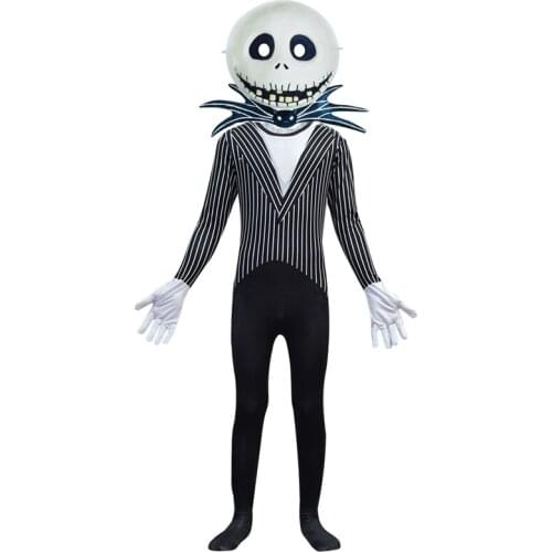 Anime Jack Skellington Kids Cosplay Costume Christmas Carnival Fancy Black Stripe Jumpsuit+Mask Children Boys Clothes C46599CH