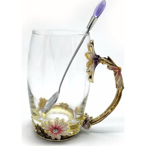 Enamel Color Crystal Glass Tea Mug Flower Handgrip and Rhinestones Decorated Design Milk Coffee Glass Cups Mothers Gift F2