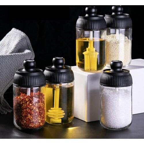 300ML Spoon Cover Glass Seasoning Jar Moisture-proof Seasoning Bottle Oil Brush Honey Bottle kitchen Tools Seasoning Bottle