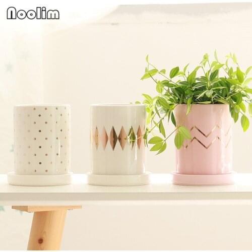 Ceramic Gold Pattern Flowerpots With Tray Nordic Style Creative Home Desk Decoration Bonsai Succulent Plants Flower Pot