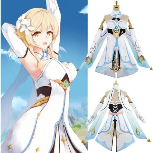Game Genshin Impact Traveler Lumine Cosplay Costumes Set Dress Socks Accessories Suit Girls Women Clothing