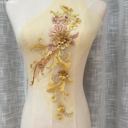 36*14.5CM New gold hot drilling embroidery lace flower applique cheongsam dress wedding decoration DIY material