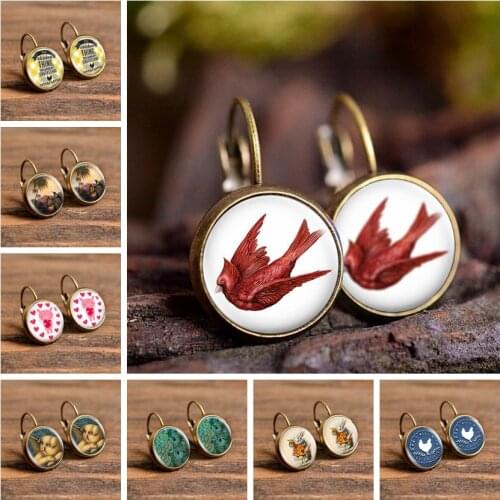 Trendy Cute Pink Pig Peacock Feather Stud Earrings Animals Theme Jewelry Glass Dome Earrings for Women Fashion Handmade Gift