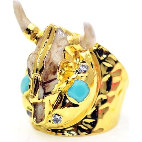 New Fashion Mens Adjustable Ring Ox-head Gold Plating Wide Rings Punk Party Jewelry Blue Red Stone Decoration