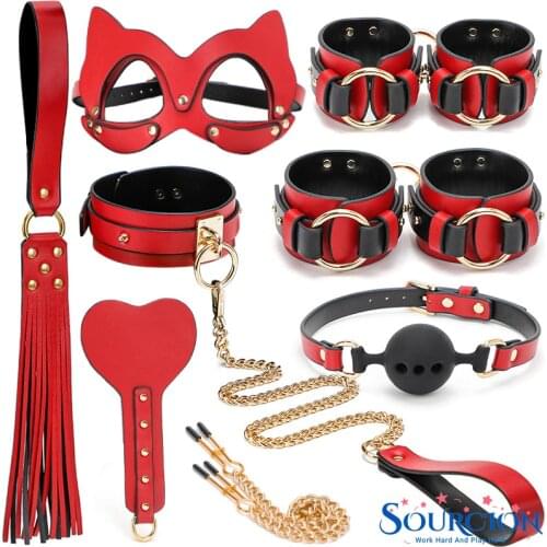 SWT BDSM Kits Genuine Leather Bondage Set Fetish Handcuffs Collar Gag Whip Erotic Sex Toys For Women Couples Adult Games