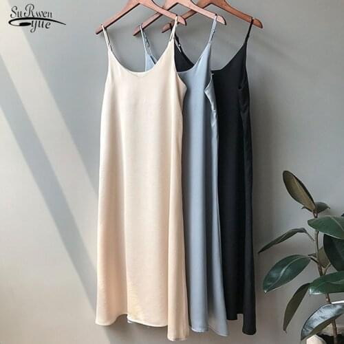 Autumn Summer 2021 Casual Women Dress Solid Satin Sexy Camisole Elastic Female Elegant Dresses Camis Korean Style Dress 9768