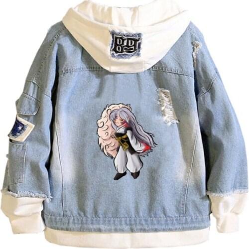 Anime Inuyasha Coat Teens cowboy Cosplay Jacket Men Women Casual Denim Hooded Loose coat Cartoon Hooded