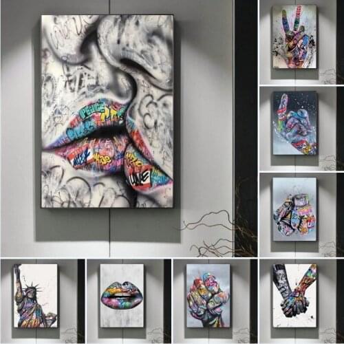 Street Graffiti Art Lovers Kiss Abstract Canvas Painting Posters Prints Hand Wall Pictures Living Room Bedroom Home Decoration
