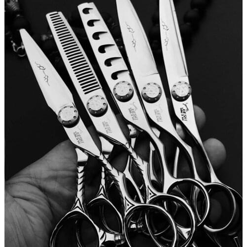 6.0 Silver Professional Hairdressing Scissors Japan 440C Hollow Carving Hair Scissors Set Professional for Barber Hair Scissors