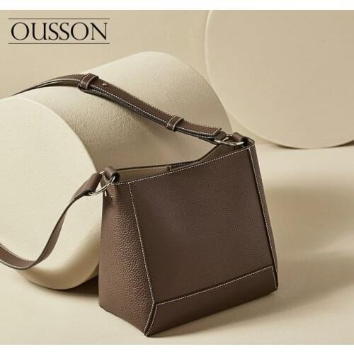 OUSSON Fashionable and versatile lightweight one-shoulder messenger portable cowhide large-capacity commuter leisure bucket bag
