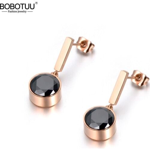 BOBOTUU Fashion Jewelry Black Cubic Zirconia Round Crystal Stud Earrings Stainless Steel Wedding Earrings For Women BE18046